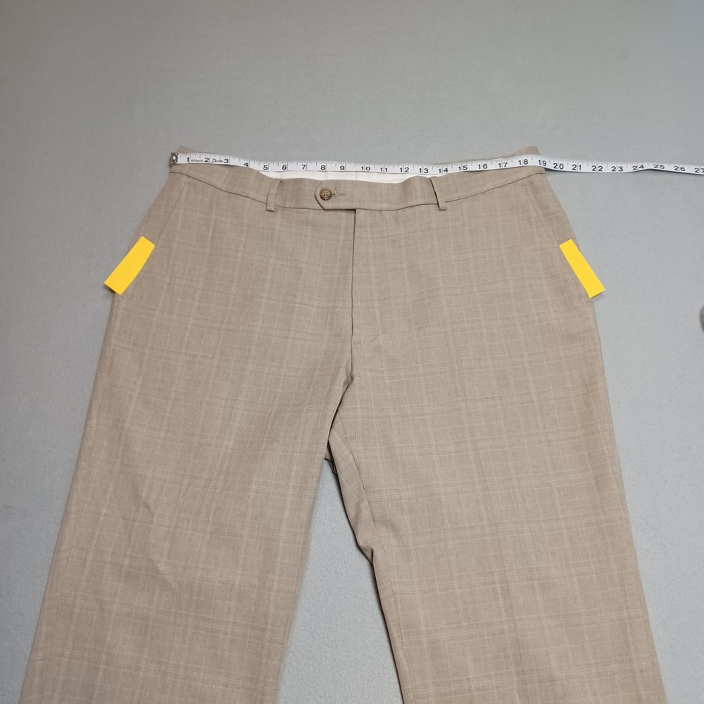 Saddlebred Dress Pants Mens 38x30 Tan Glen Plaid Flat Front Polyester Trousers